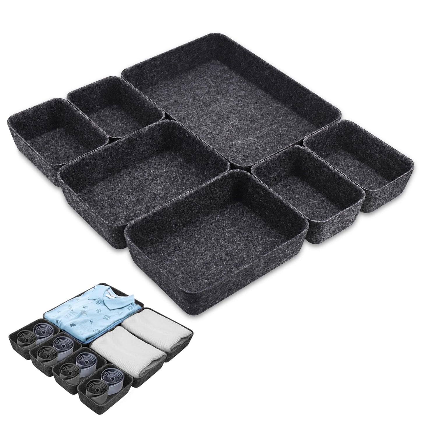 Hejo 7 PCS Square Felt Drawer Organizers Set, Office Drawer Organiser Tray, Durable Drawer Organizer for Home Office, Stationery Dresser, Dark Gray