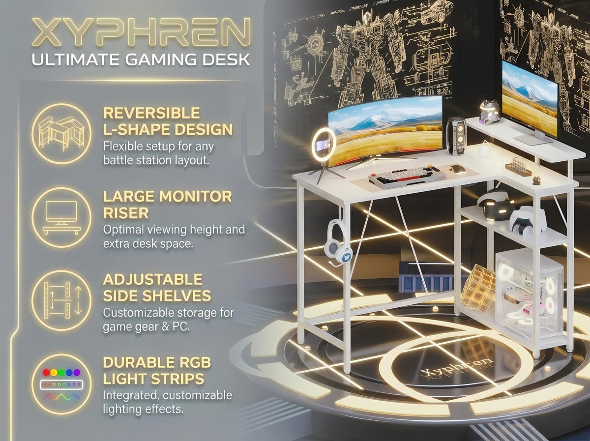 Xyphren L Shaped Gaming Desk with RGB LED Lights & Power Outlets,Corner Computer Desk with Adjustable Shelves