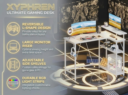 Xyphren L Shaped Gaming Desk with RGB LED Lights & Power Outlets,Corner Computer Desk with Adjustable Shelves