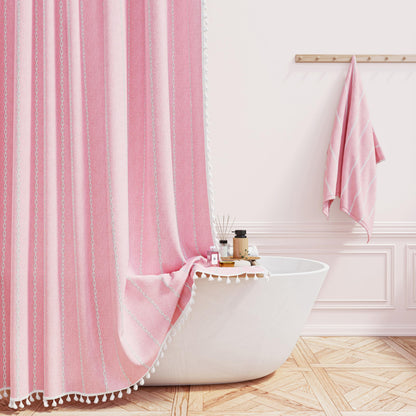 BTTN Long Boho Farmhouse Striped Weighted Shower Curtain, 183x201cm, Pink