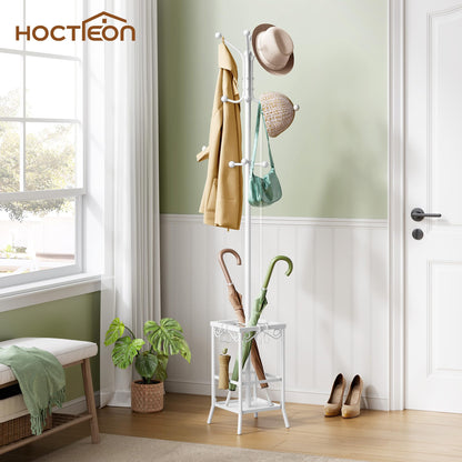 Hoctieon Coat Rack Freestanding, Coat Tree with Umbrella Holder, Metal Coat Rack Stand with 12 Hooks, Standing Coat Hanger Stand