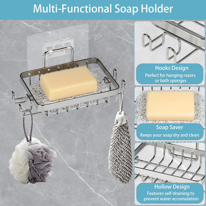 YoHyien 2 Pcs 304 Stainless Steel Wall Mounted Soap Holder, Self Adhesive Soap Dishes with Hooks & Soap Saver, Shower Soap Holder for Bathroom