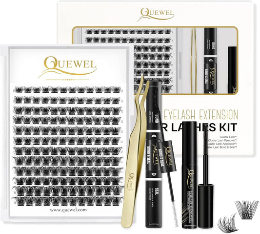 Individual-Lashes 144 Cluster-Lashes QUEWEL DIY Eyelash Extensions Kit, Clusters Eyelash Applicator, Cluster-Lashes Bond and Seal Super Hold, Clusters