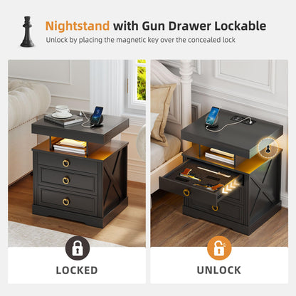Gurexl LED Bedside Table with Gun Drawer, Charging Bedside Table with USB & Type-C Port, Human Sensor Light