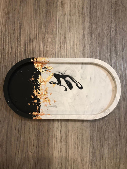 Handmade Jesmonite Oval Vanity Tray - Grey Marble Effect with Gold/Copper/Silver Leaf Detail | Decorative | Jewellery | Trinket