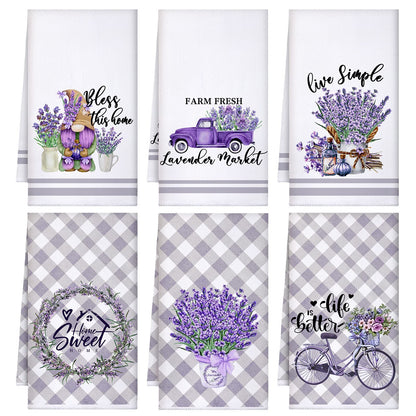 Boyiee Set of 6 Lavender Kitchen Towels Purple Floral Dishtowels Rustic Absorbent Purple Tea Hand Towels 24 x 16 Inches Lavender Lover Gifts for