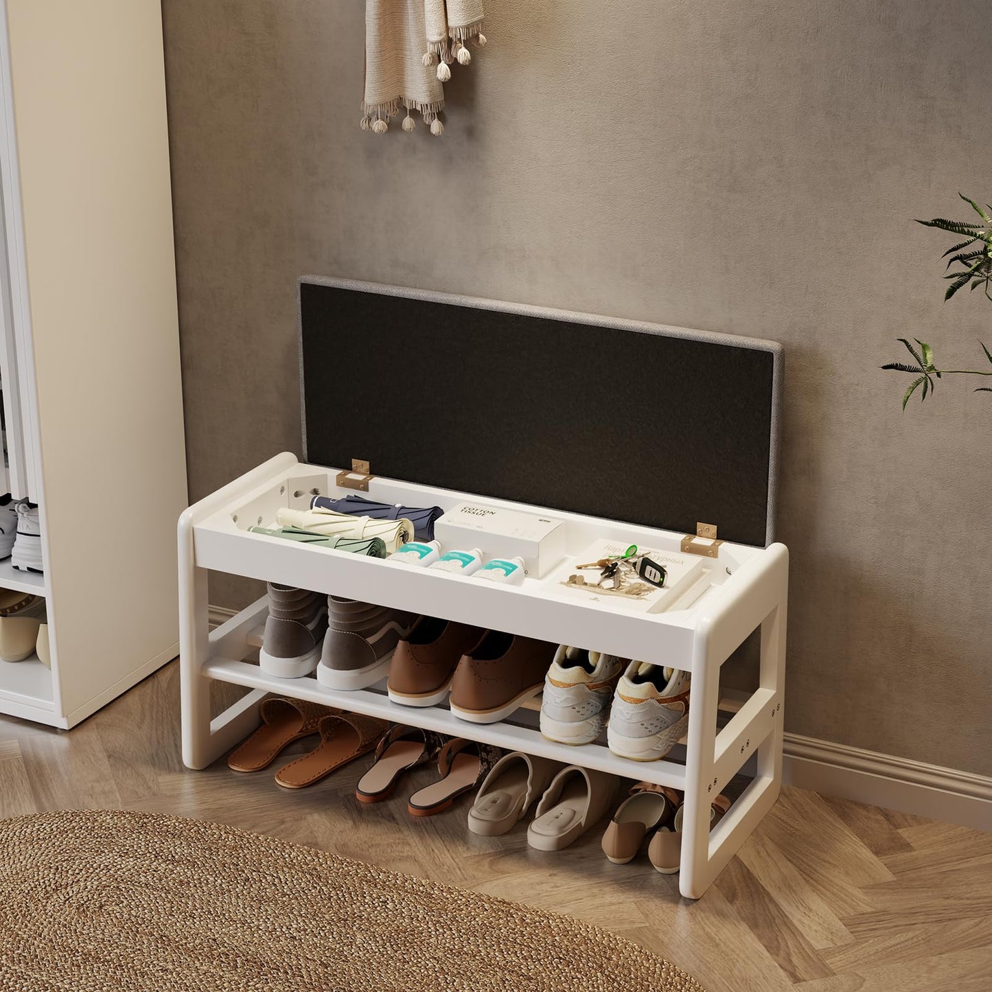 AQIMUELE Small Shoe Bench with Cushion, Shoe Bench Storage with Seat, Wooden Shoe Rack 2-Tier, Hidden Flip-Top Seat, for Hallway, Entryway