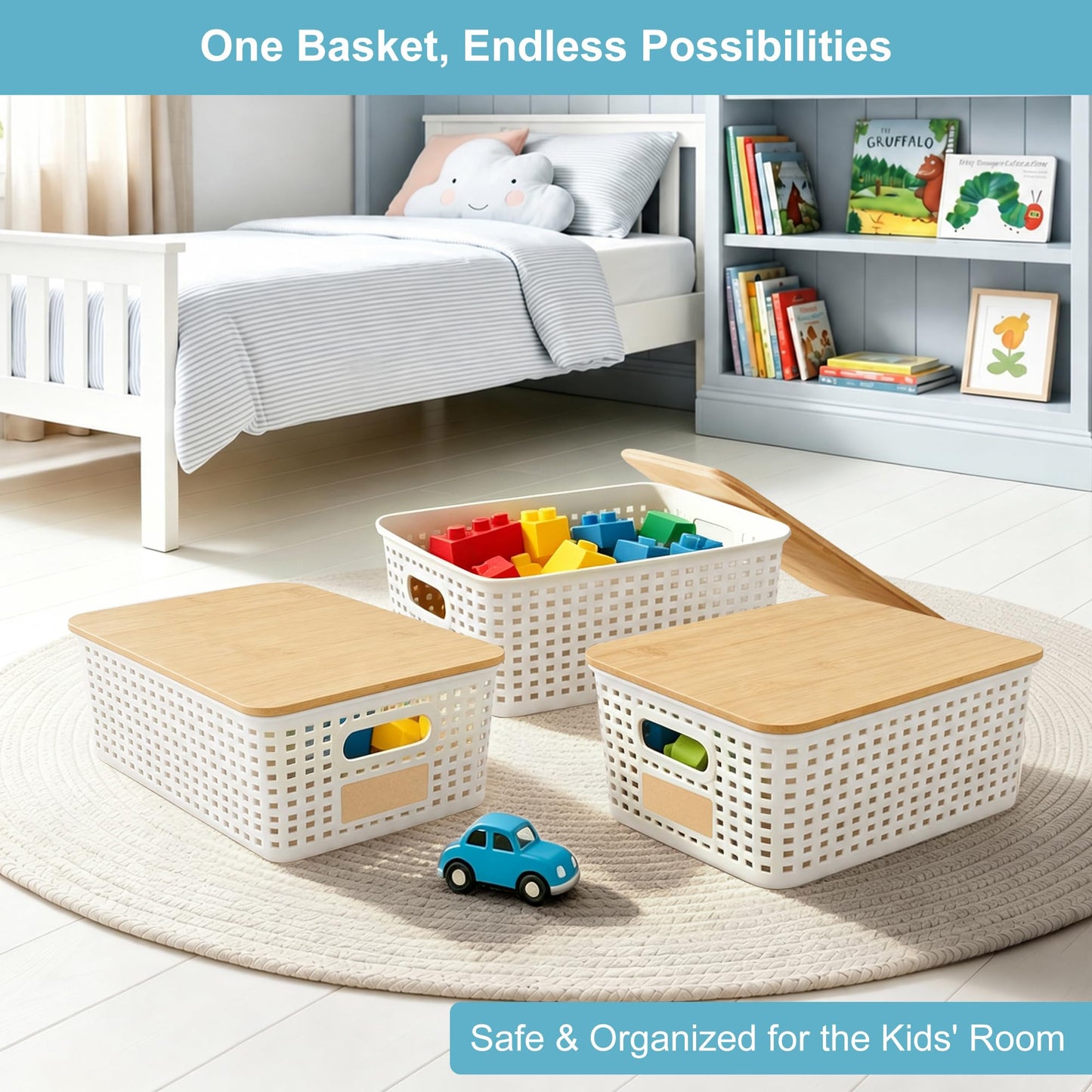 Bagnizer Small Plastic Storage Bins with Bamboo Lids, 5.2qt, 6 Packs