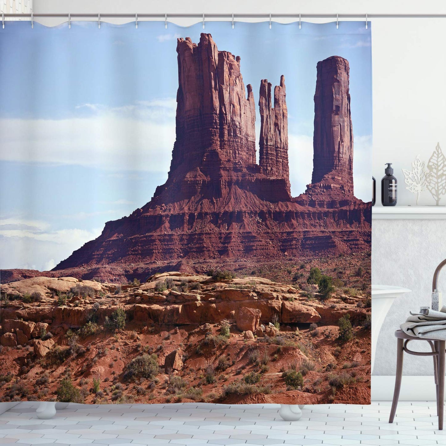 ABAKUHAUS Landscape Shower Curtain, Famous Monumental Valley Grand Canyon and Red Rocky Cliffs Usa Arizona Photo Print, Cloth Fabric Bathroom Decor