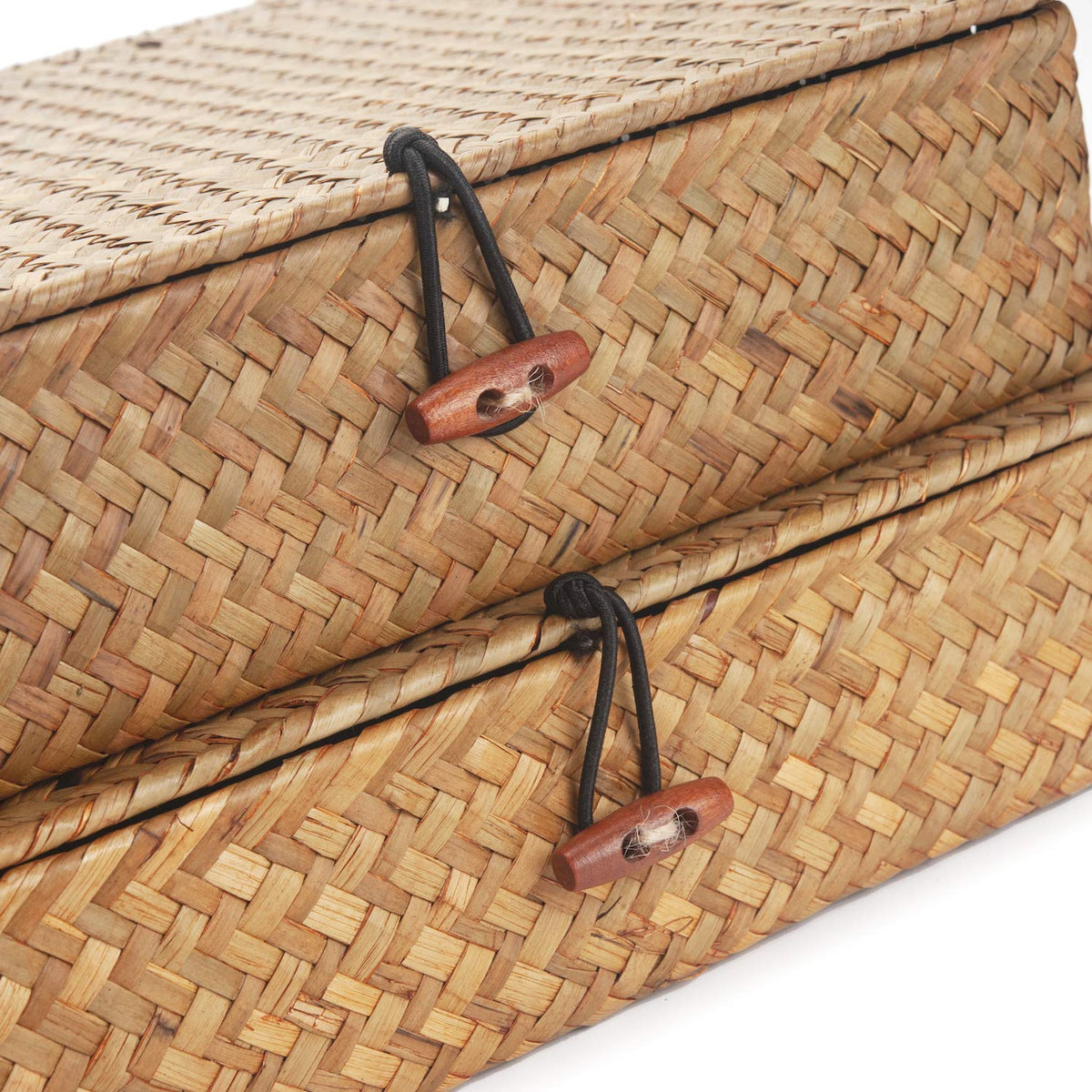 Seagrass Storage Box with Lids Rectangular Organization Wicker Shelf Baskets Natural Woven Stackable Set of 2 (Large+Small)