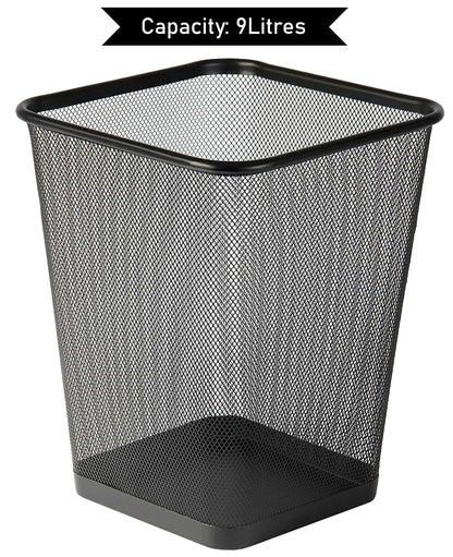Best House Metal Mesh Square Bin - 9 Litre Black Wire Waste Basket - Lightweight and Sturdy Paper Bin for Kitchen, Home Office, Living Room, Bedroom