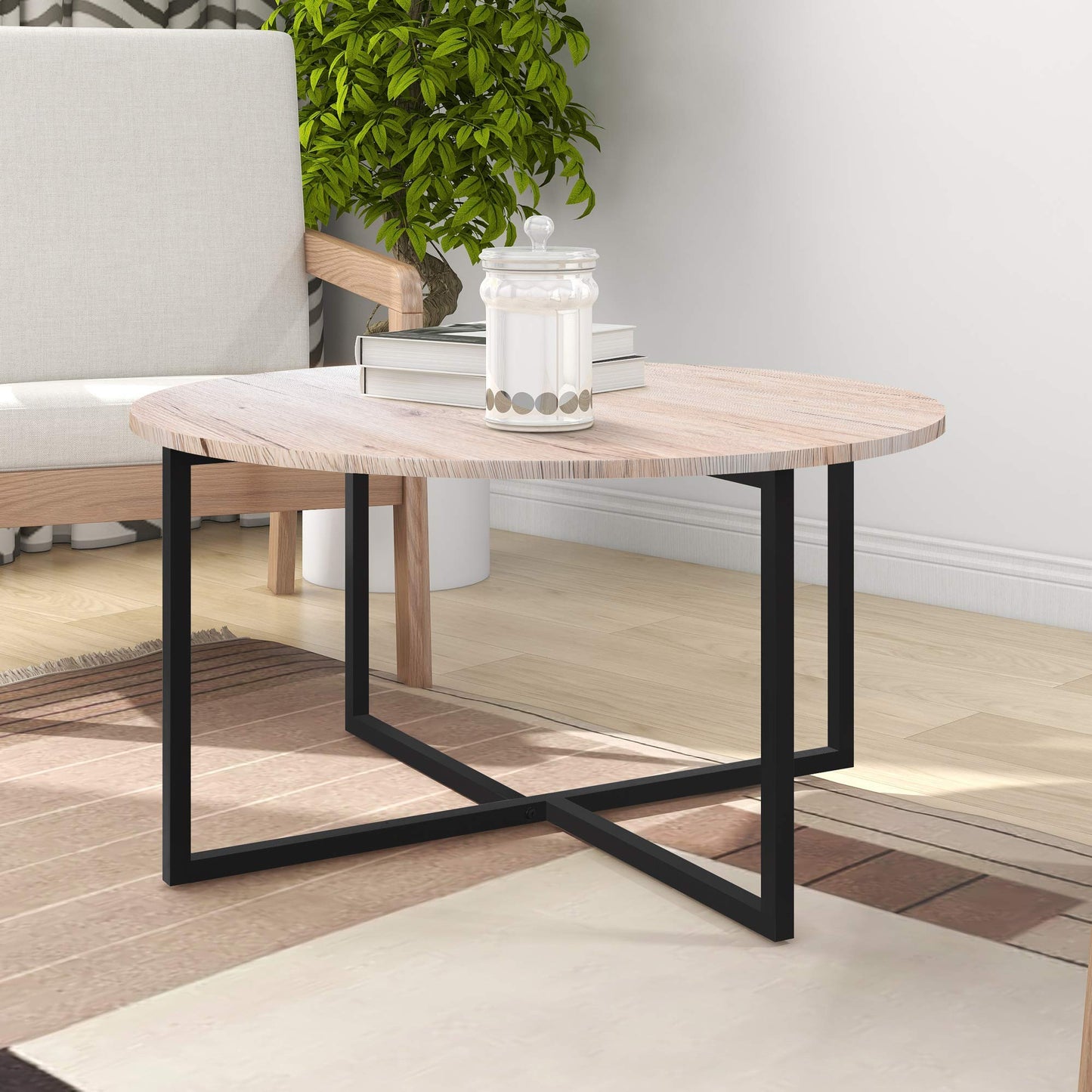 BOFENG Round Coffee Table Tea Table Round Coffee Table for Living Room with Metal Legs, Black+White oak