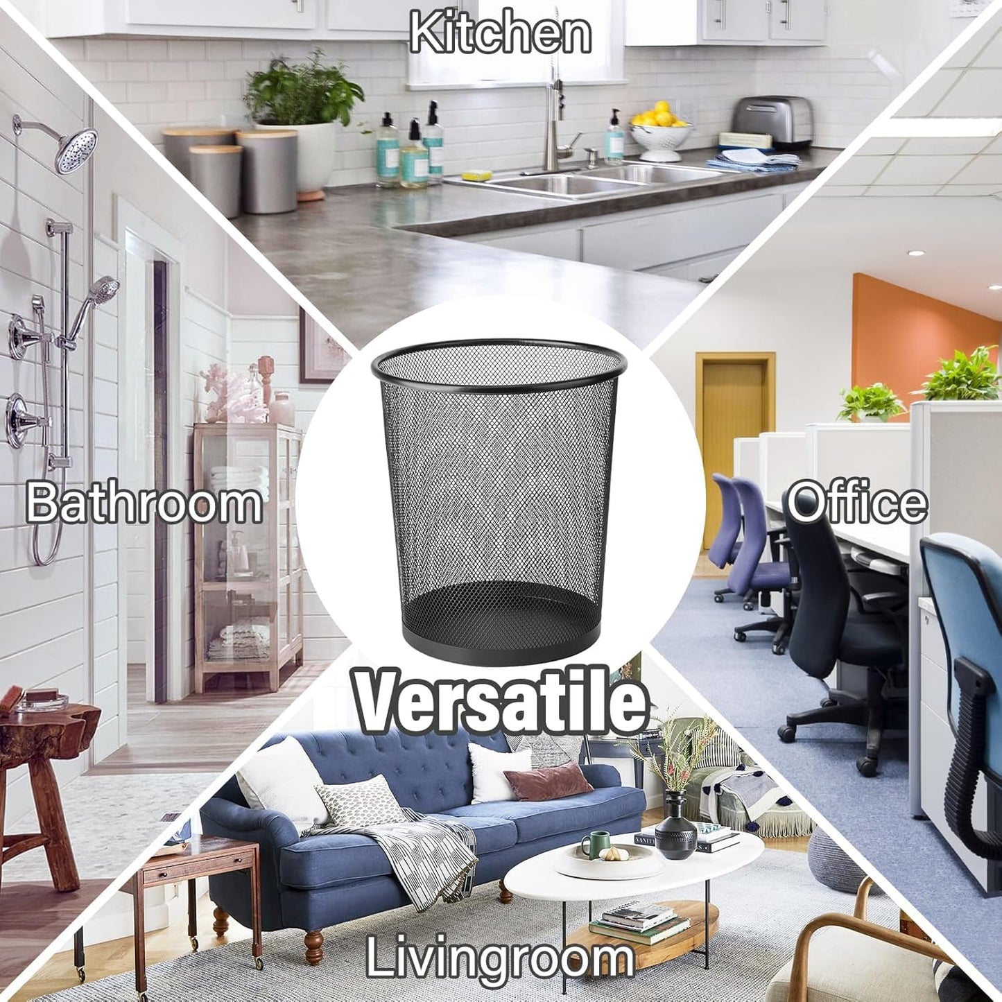 2 Pack Waste Paper Bins, 12 Litres Lightweight Circular Finest Black Mesh Waste Basket, Metal Trash Bin for Kitchens, Home Offices, Dorm Rooms