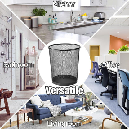 2 Pack Waste Paper Bins, 12 Litres Lightweight Circular Finest Black Mesh Waste Basket, Metal Trash Bin for Kitchens, Home Offices, Dorm Rooms