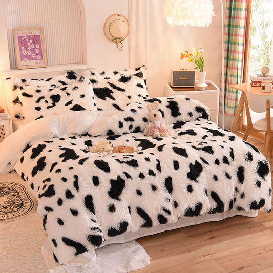 ZIQINPSQ Plush Shaggy Duvet Cover Set,Tie Dye Faux Fur Bedding Set for Teens Girls Soft Velvet Fluffy Fuzzy Comforter Cover Bed Set (Cow, King)