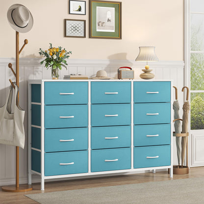 GoaHi Chest of Drawers with 12 Drawers,Bedroom Drawers, Fabric Dresser with Wood Top,Drawer Storage Unit for Bedroom, Living room,Blue