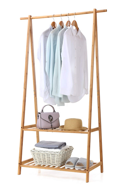 Finnhomy Bamboo Clothes Rack Portable Extra Large Garment Rack 2-Tire Storage Box Shelves for Entryway and Bed Room