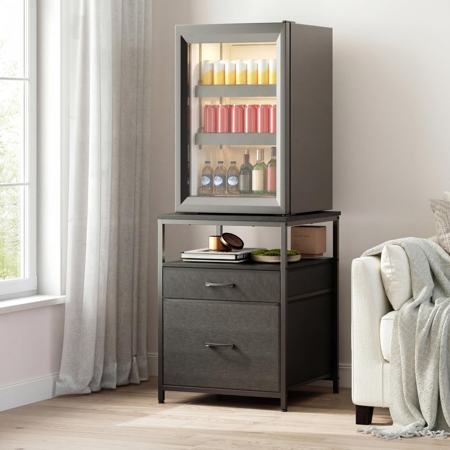 Herture Mini Fridge Stand with 3 Storage, Mini Fridge Cabinet, Beverage Fridge Table, Heavy Duty 55.2cm L * 57.68cm W Tabletop, for Dorm