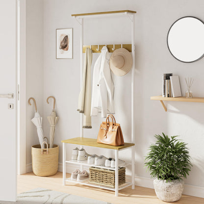 HEYZOEY Coat Stand, Coat Rack with Shoe Storage, 3-in-1 Freestanding Wooden Coat Rack with Shoe Bench and Rack, 3-Tier Shelf and 4 Removable Hooks
