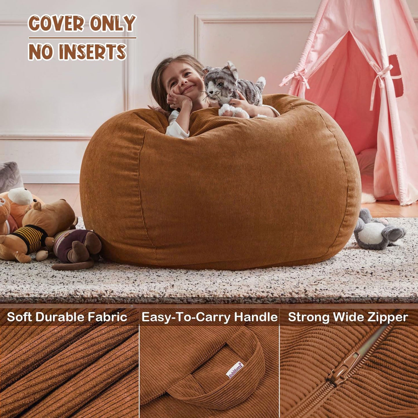 Nobildonna 3 ft Bean Bag Chair Cover (No Filler) for Adults and Kids 300L Extra Large Stuffed Animal Storage Bean Bag Washable Soft Premium Corduroy
