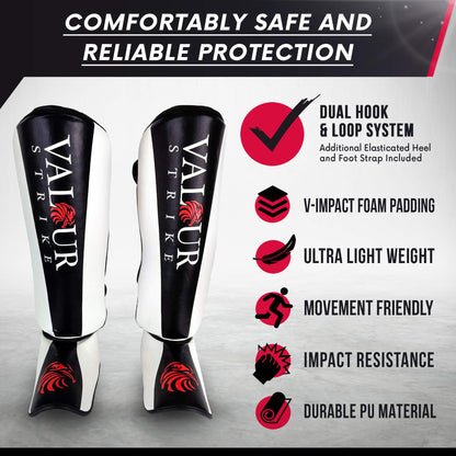 Valour Strike Shin Guards for Kickboxing Muay Thai MMA Karate Martial Arts Taekwondo or Kick Boxing | Sparring Pads to Guard Leg Foot & Instep |
