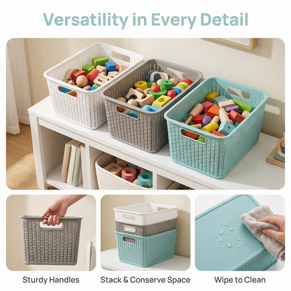 WUWEOT 9 Pack Plastic Storage Basket Bins Organizer, Cabinet and Shelf Basket with Handle, 25cm L x 17cm W x 14cm H, 3 Colors