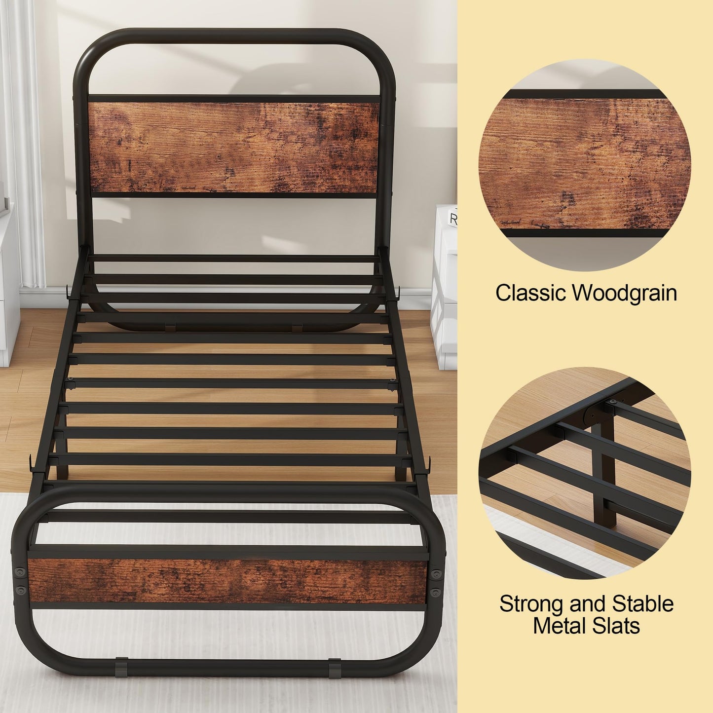Diahomy 3ft Single Bed Frame, 90x190cm Metal Platform Bed, Bed Base,Brown