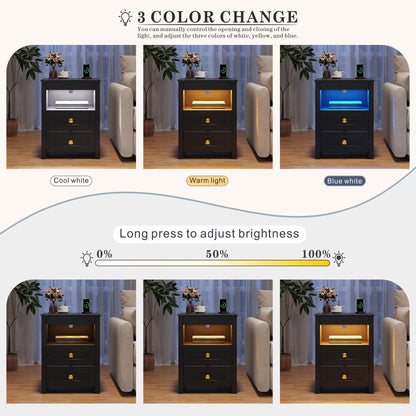 FREDEES LED Bedside Table with Hidden Drawer for Bedroom, Black