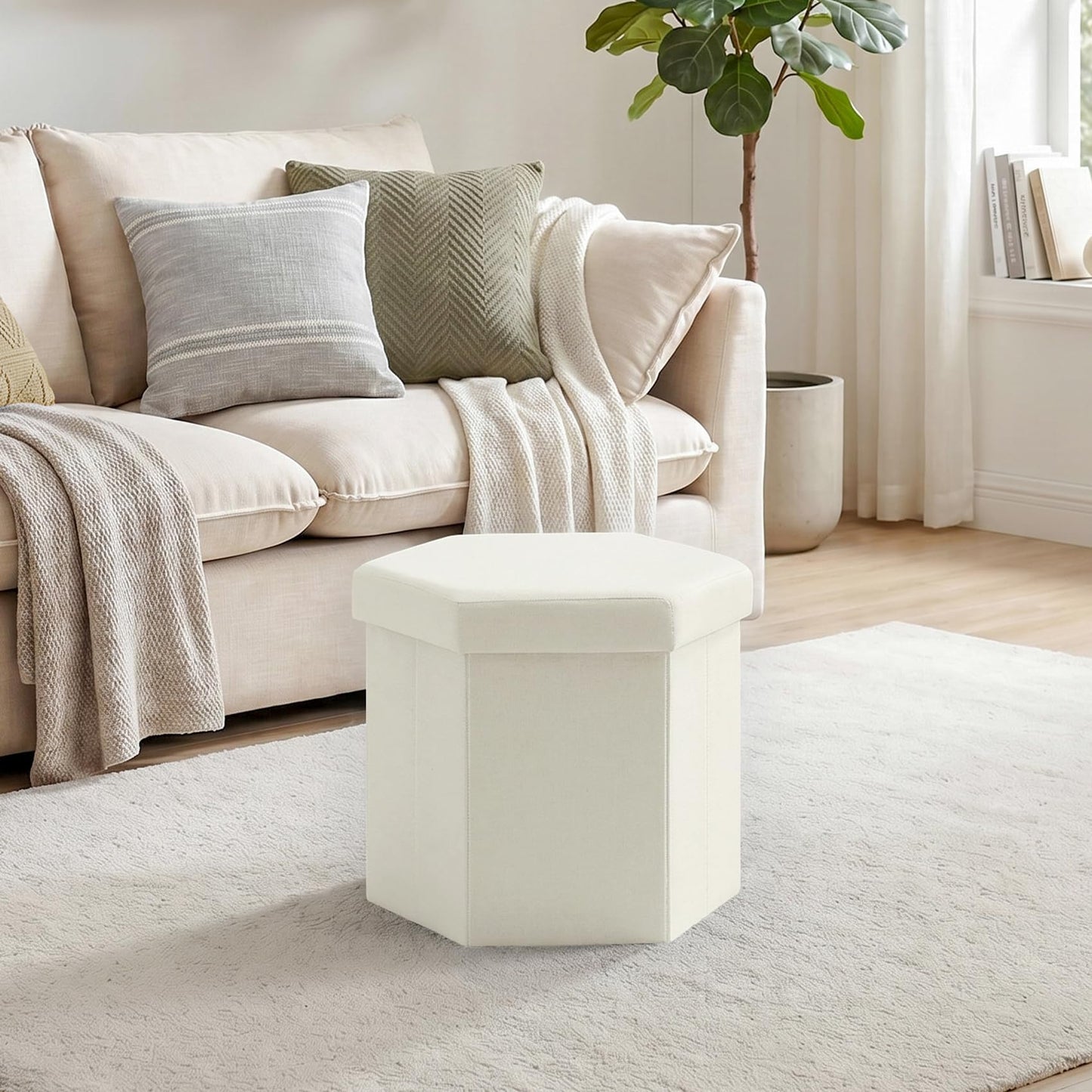 PINPLUS Folding Storage Ottoman, Linen Hexagonal Footrest, Cream White