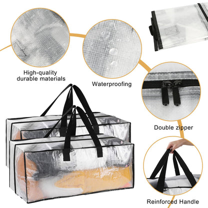 4 Pack 92L Clear Clothes Storage Bags, Waterproof Heavy Duty Moving Storage Tote with Strong Zipper&Handles for Moving House, Blankets