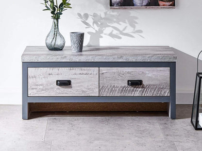 GFW Boston Grey Wood Effect Coffee Table, 2 Drawer Storage Coffee Table with Industrial Design and Chunky 30mm Top