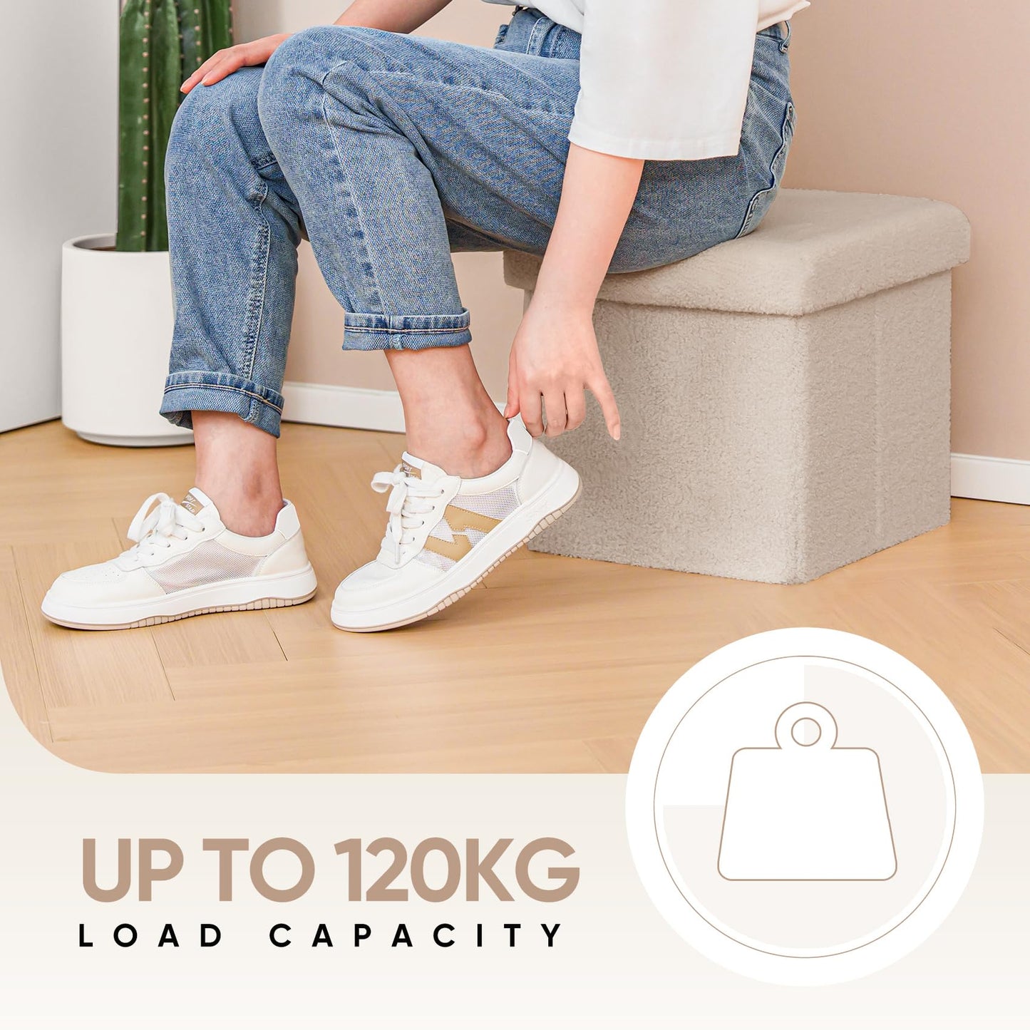 Bonlife Small Folding Storage Ottoman, Foot Rest Stool Seat Sherpa Ottoman with Storage for Bedroom,Living Room,Beige,32X32X32cm