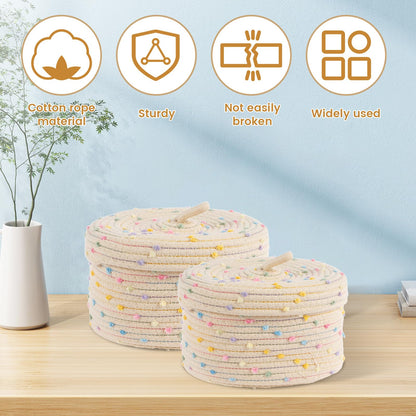 2Pcs Cotton Rope Storage Basket, 18.5cm 23cm Round Woven Shelf Storage Bin with Lid and Carrying Handle