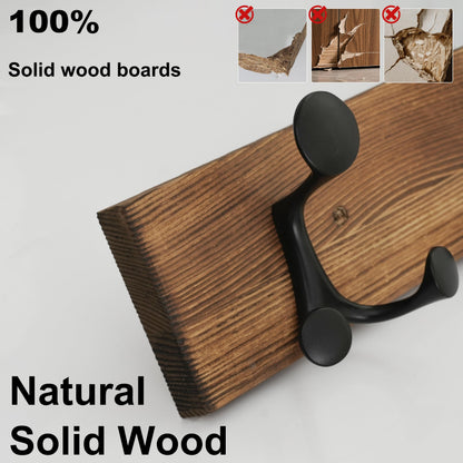 HONSKY Wall Mounted Coat Rack, 91cm BrownPine Wood Base, 6 Black Sturdy Aluminium Alloy Triple Hooks(18 Hanging Points)