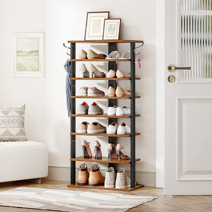 HOOBRO Shoe Rack Wooden, Tall Shoe Rack, Narrow Shoe Storage Organizer with 2 Hooks, Slim Narrow Shelf, Vertical Tower for Entrance, Living Room