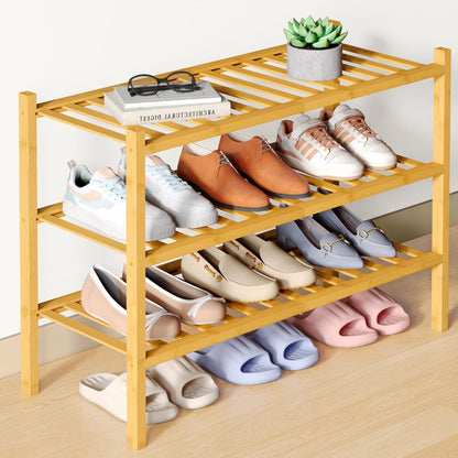 smiry Natural Bamboo Shoe Rack, 3 Tier Wooden Stackable Shoe Storage Organiser, Free Standing Shoes Storage Shelf for Entryway, Hallway, Small Spaces