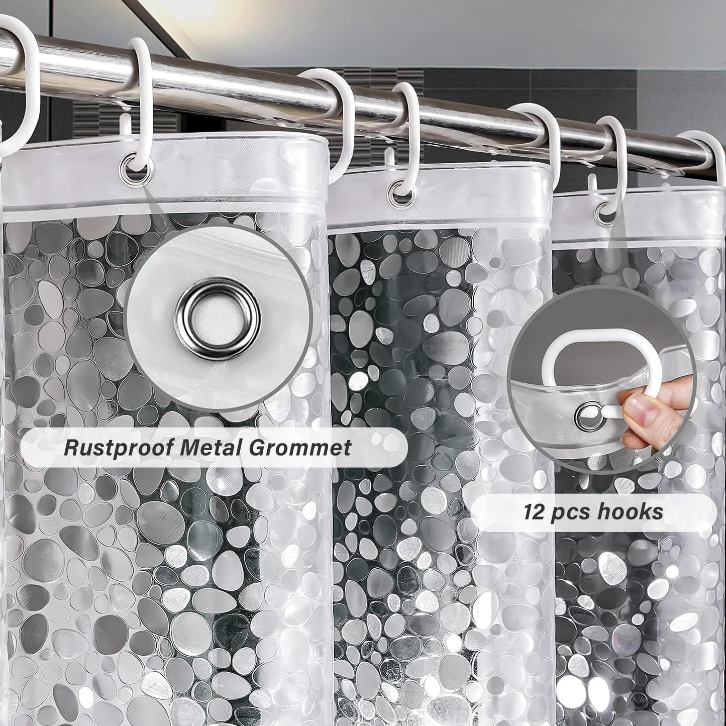 hjwanyin Shower Curtain, Long Shower Curtain Made of Mould PEVA, Stylish and Water Repellent Shower Liner for Bathroom (Cobblestone, 180 * 200cm)
