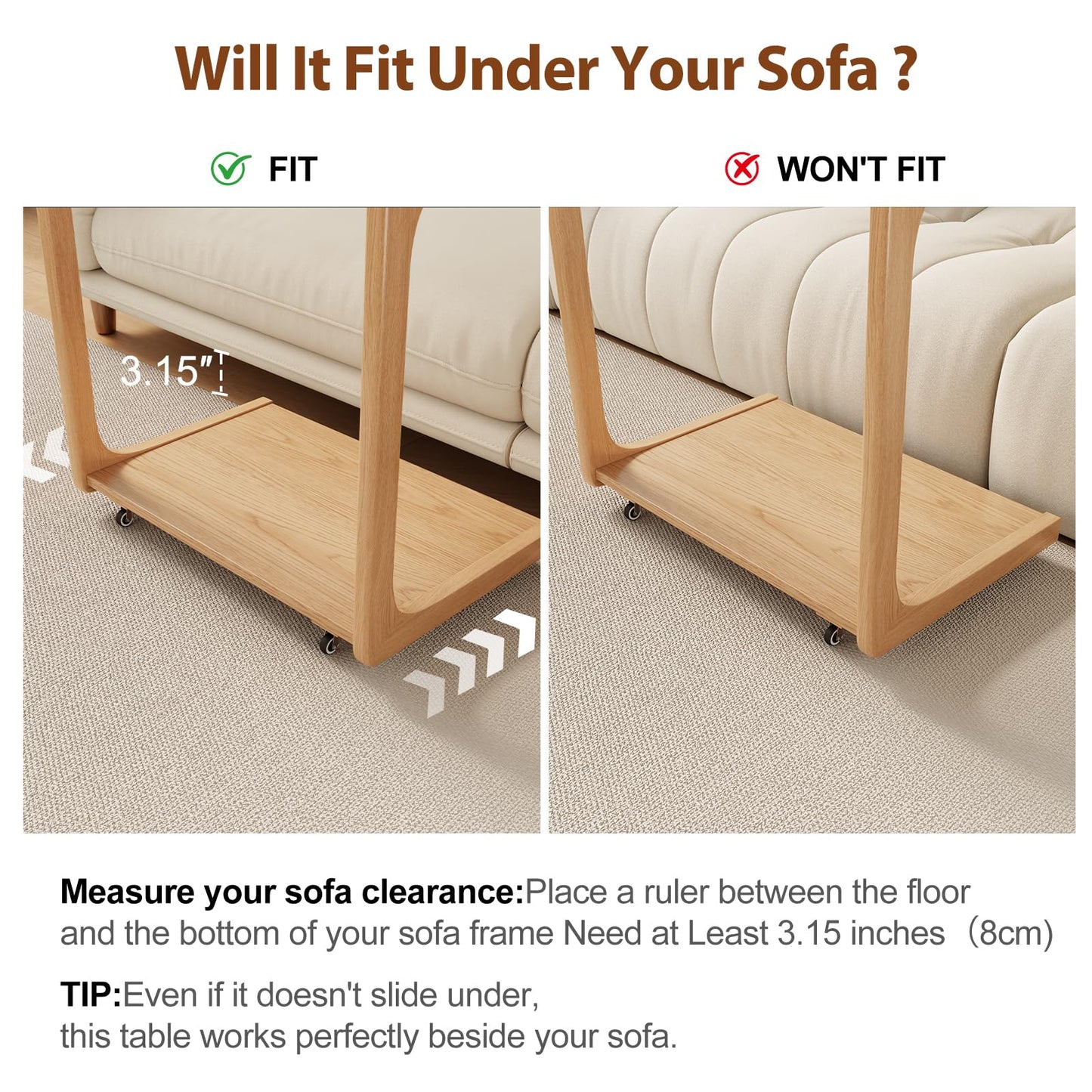 AQIMUELE Wooden C-Shaped End Table,Couch Table with Adjustable Desktop,Small Rolling Side Table with 2 Lockable Wheels 60 Width,Small End Table for
