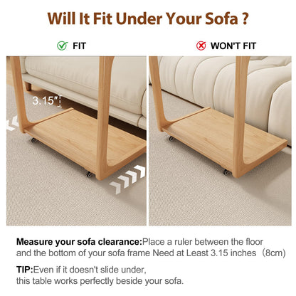 AQIMUELE Wooden C-Shaped End Table,Couch Table with Adjustable Desktop,Small Rolling Side Table with 2 Lockable Wheels 60 Width,Small End Table for