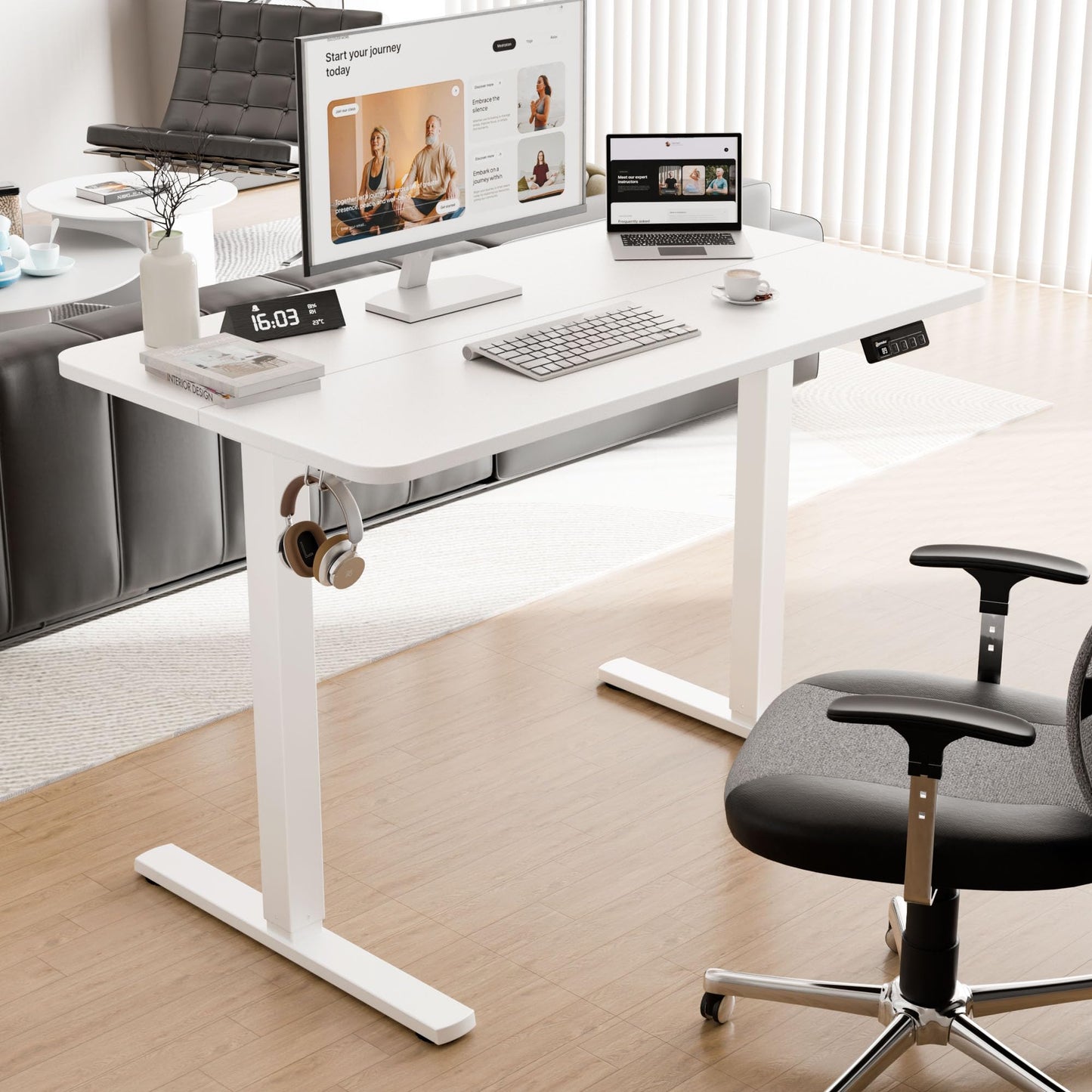 ERGOMAKER Electric Standing Desk 110x60cm, Height Adjustable Desk with Memory Handset, Stand Up Desk with Hooks for Home Office, White