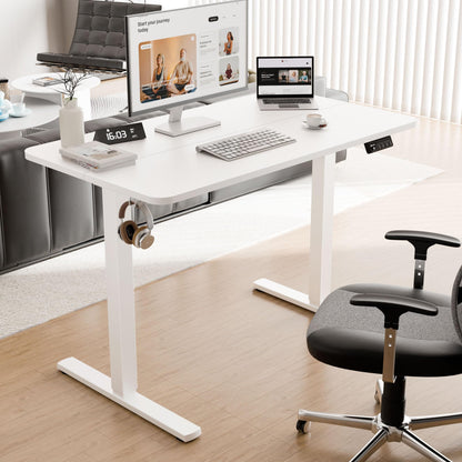ERGOMAKER Electric Standing Desk 110x60cm, Height Adjustable Desk with Memory Handset, Stand Up Desk with Hooks for Home Office, White