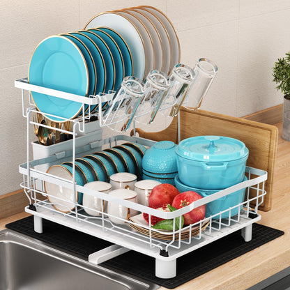 MAJALiS Dish Drying Rack, 2 Tier Dish Drainer Rack with Drip Tray and Drainer Mat, Stainless Steel Dish Rack with Utensil Holder, Swivel Spout,