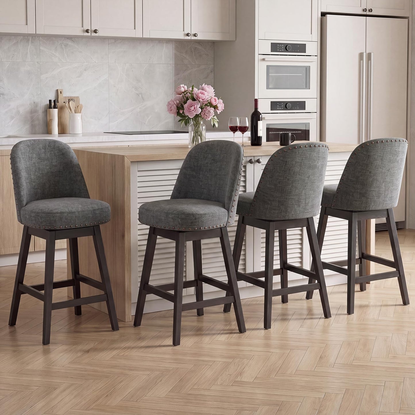 Bar Stools Set of 4, 360° Swivel Counter Stools with Upholstered Seat, Wooden Frame & Nailhead Trim