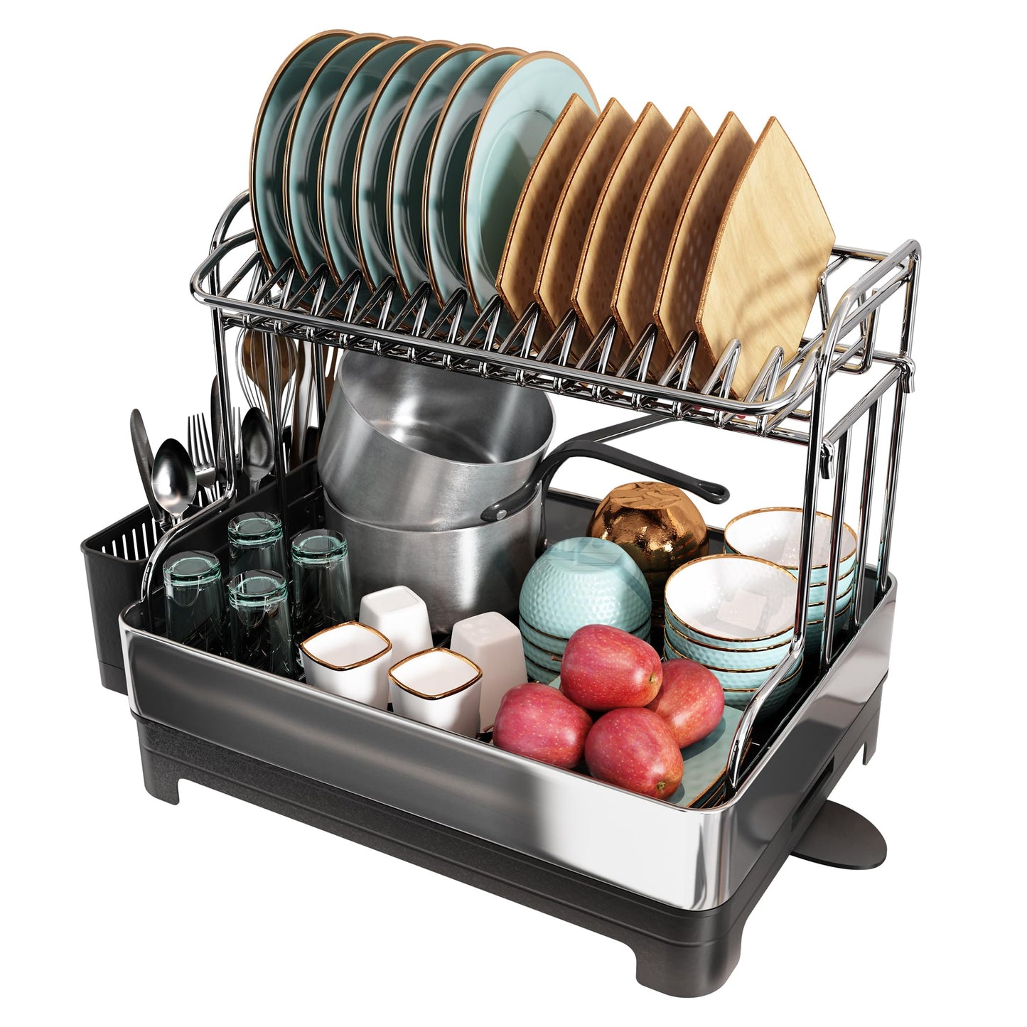 romision 2 Tier Dish Drying Rack, Large Dish Rack with 360 Swivel Spout, 304 Stainless Steel Dish Drainer Rack, Draining Board Rack for Kitchen