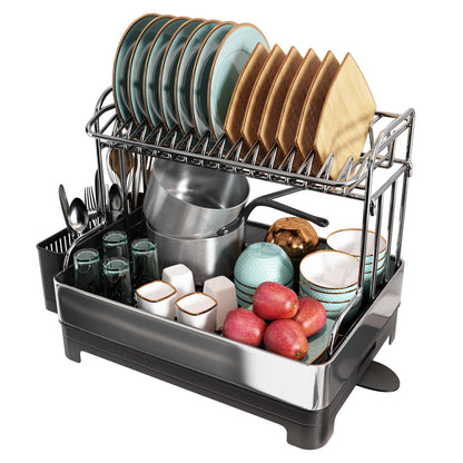romision 2 Tier Dish Drying Rack, Large Dish Rack with 360 Swivel Spout, 304 Stainless Steel Dish Drainer Rack, Draining Board Rack for Kitchen