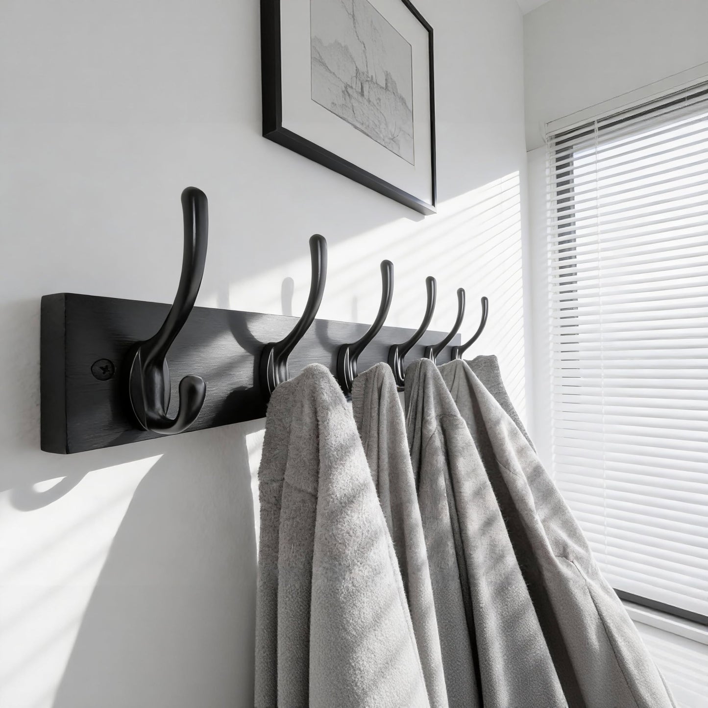 HONSKY Wall Coat Rack with 8 Double Hooks,Wooden Coat and Towel Hanger Storage for Entryway, Bathroom, Bedroom, Garage,Garage,Black Base/Black Hook