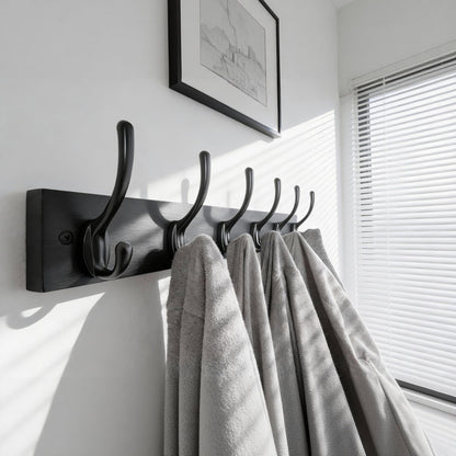HONSKY Wall Coat Rack with 8 Double Hooks,Wooden Coat and Towel Hanger Storage for Entryway, Bathroom, Bedroom, Garage,Garage,Black Base/Black Hook