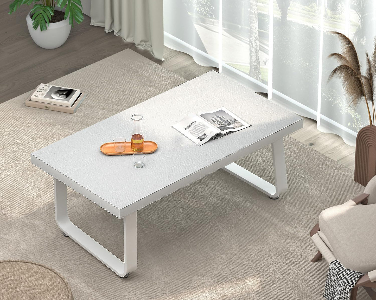 HSH White Oak Coffee Table, 55D×100W×46.5H cm, Rustic Industrial Wooden Coffee Table for Living Room Bedroom Office