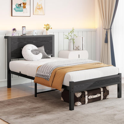 Rustic Single Bed Frame Wooden Storage Headboard Heavy Metal Base,Black