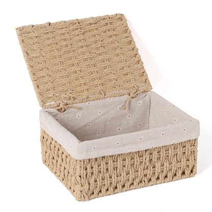 FEILANDUO Wicker Shelf Baskets Bin with Lid, Handwoven Paper Rope Baskets for Organizing, Rectangular Basket for Storage